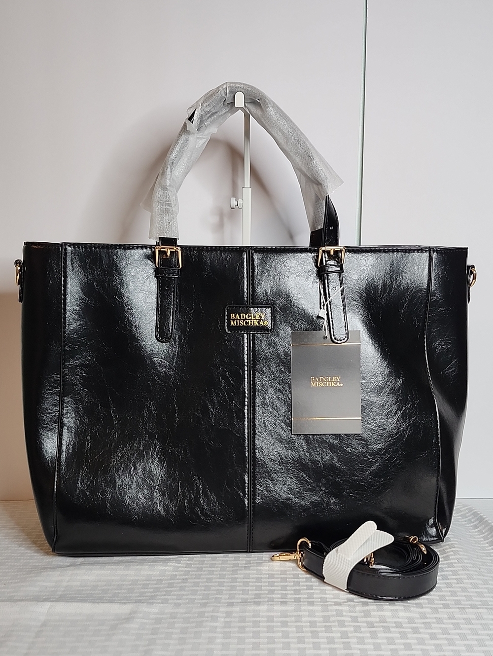 Badgley Mischka Leather Weekender Tote Bag Black